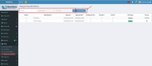 Màn hình Đăng ký thay đổi thiết bị