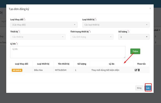Màn hình Đăng ký thay đổi thiết bị