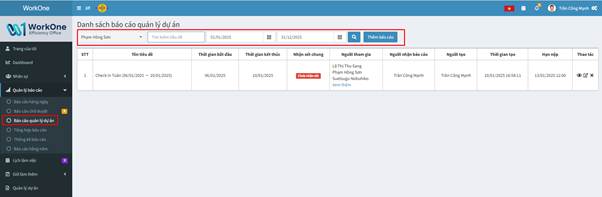 CHỨC NĂNG DANH SÁCH BÁO CÁO QUẢN LÝ DỰ ÁN