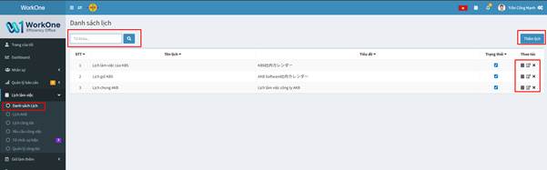 CHỨC NĂNG DANH SÁCH LỊCH